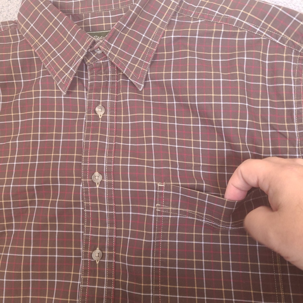 Eddie Bauer Mens Button‎ Down Shirt XLT Tall XL Brown Plaid Long Sleeve Cotton - Picture 9 of 13